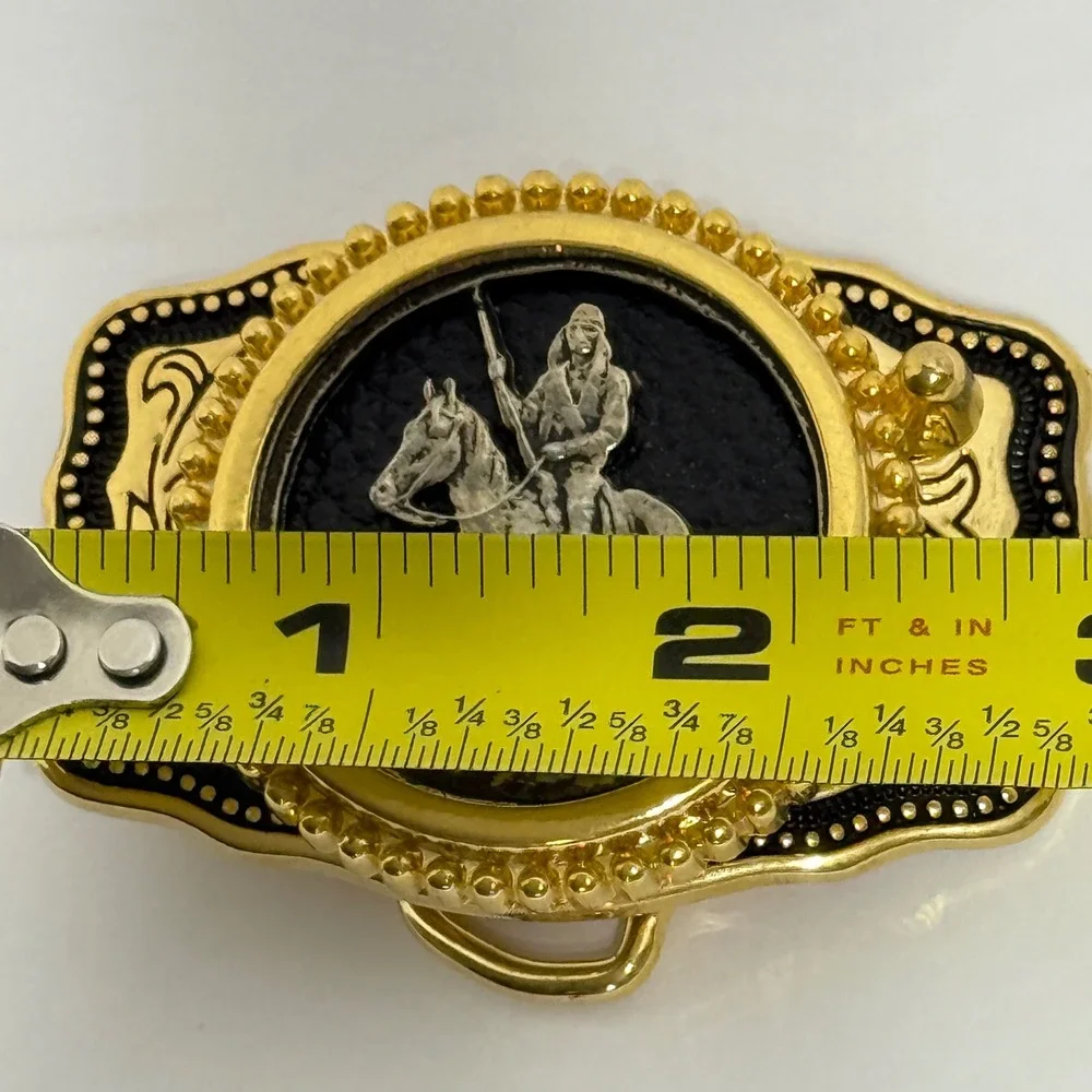 Western‎ Cowboy Native American Horse Rider Belt Buckle Gold Tone Made USA